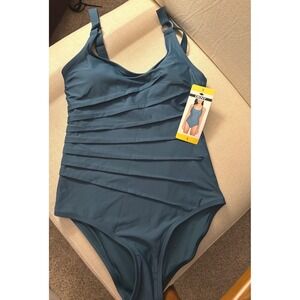 NWT Size Small DKNY Womens Blue Pleated One Piece Swimsuit Adjustable Straps